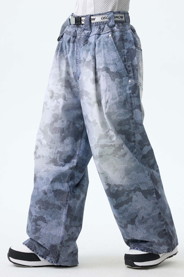 Women's Distressed Black Vintage Denim-Print Baggy Snowboard Pants