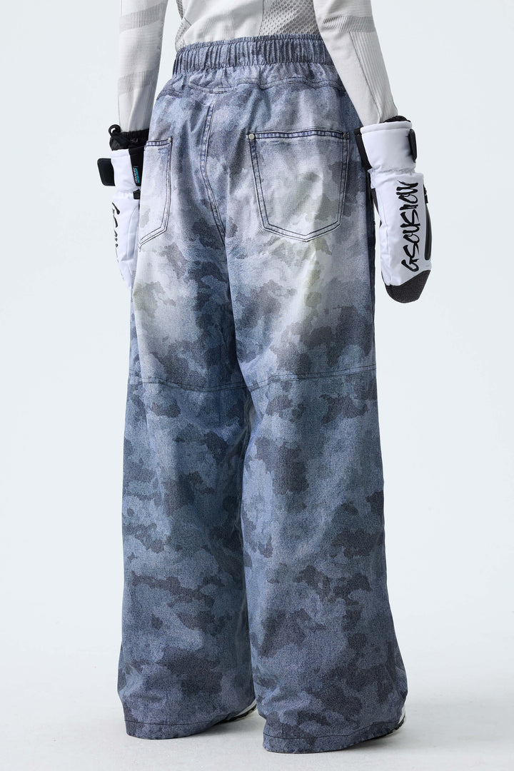 Women's Washed Blue Camo Vintage Denim-Print Baggy Snowboard Pants