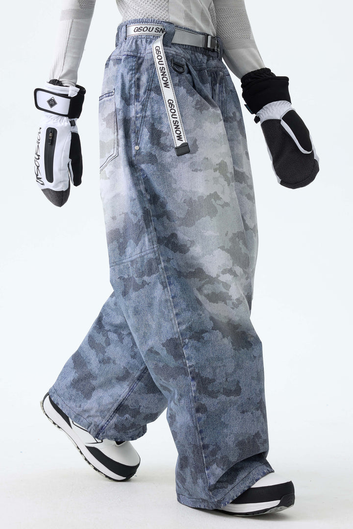 Women's Bleached Indigo Vintage Denim-Print Baggy Snowboard Pants