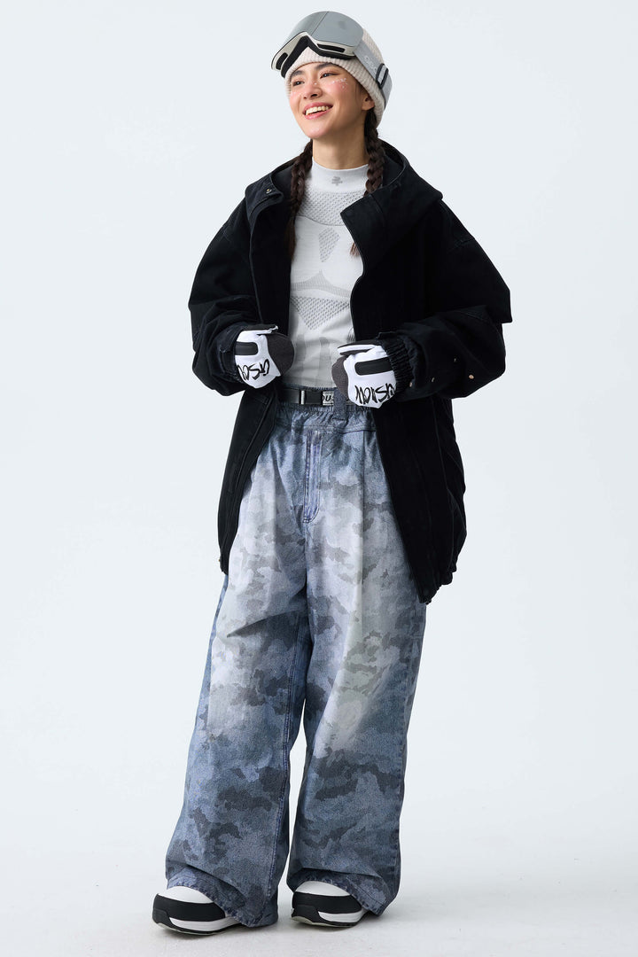 Women's Bleached Indigo Vintage Denim-Print Baggy Snowboard Pants