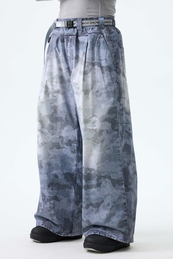Men's Bleached Indigo Vintage Denim-Print Baggy Snowboard Pants