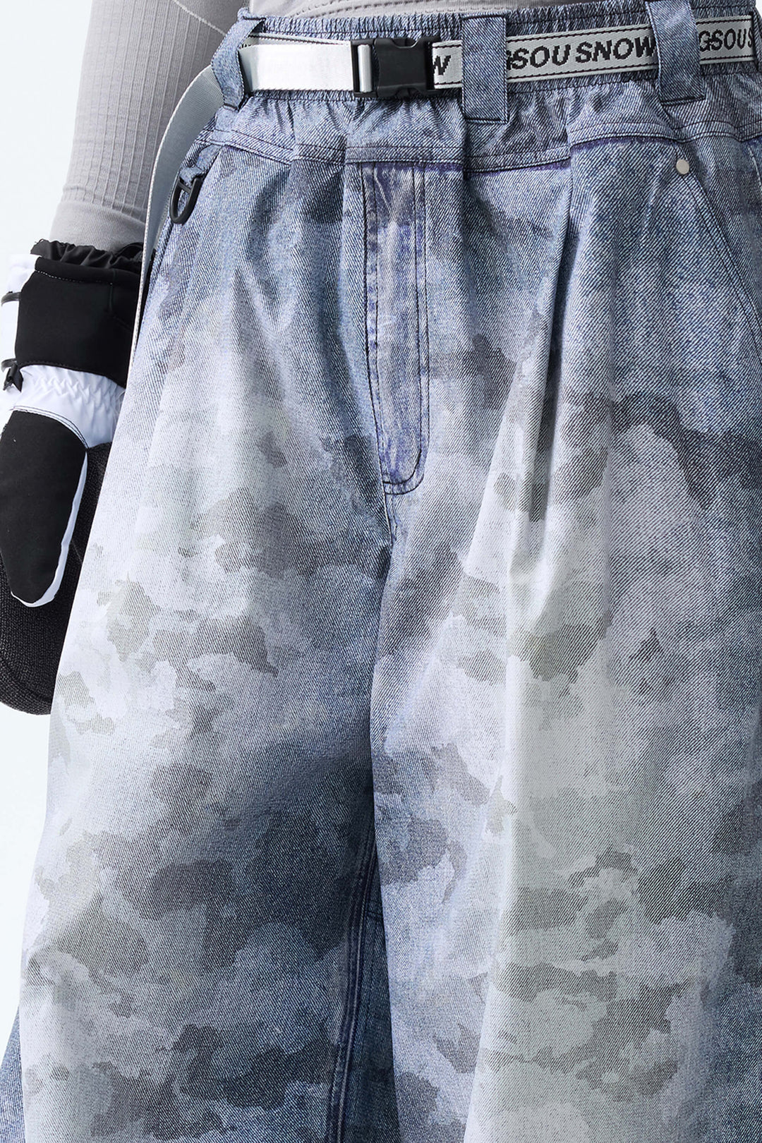 Men's Washed Blue Camo Vintage Denim-Print Baggy Snowboard Pants