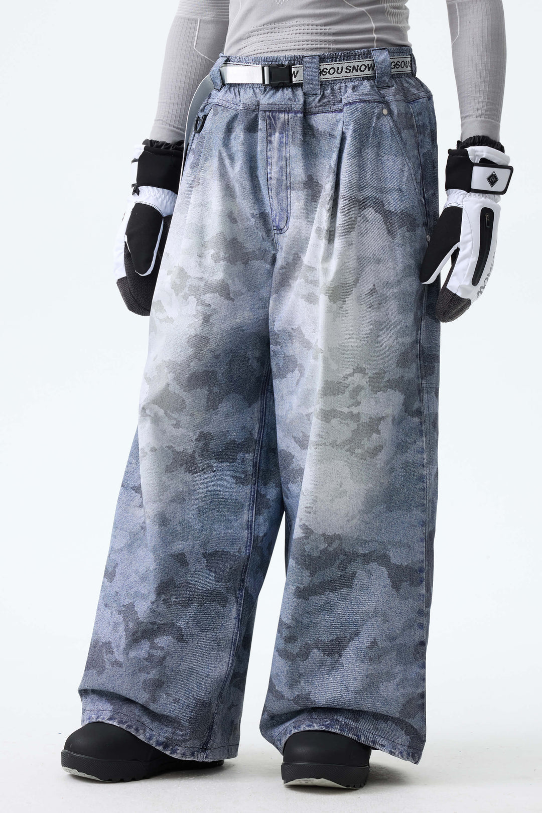 Men's Washed Blue Camo Vintage Denim-Print Baggy Snowboard Pants