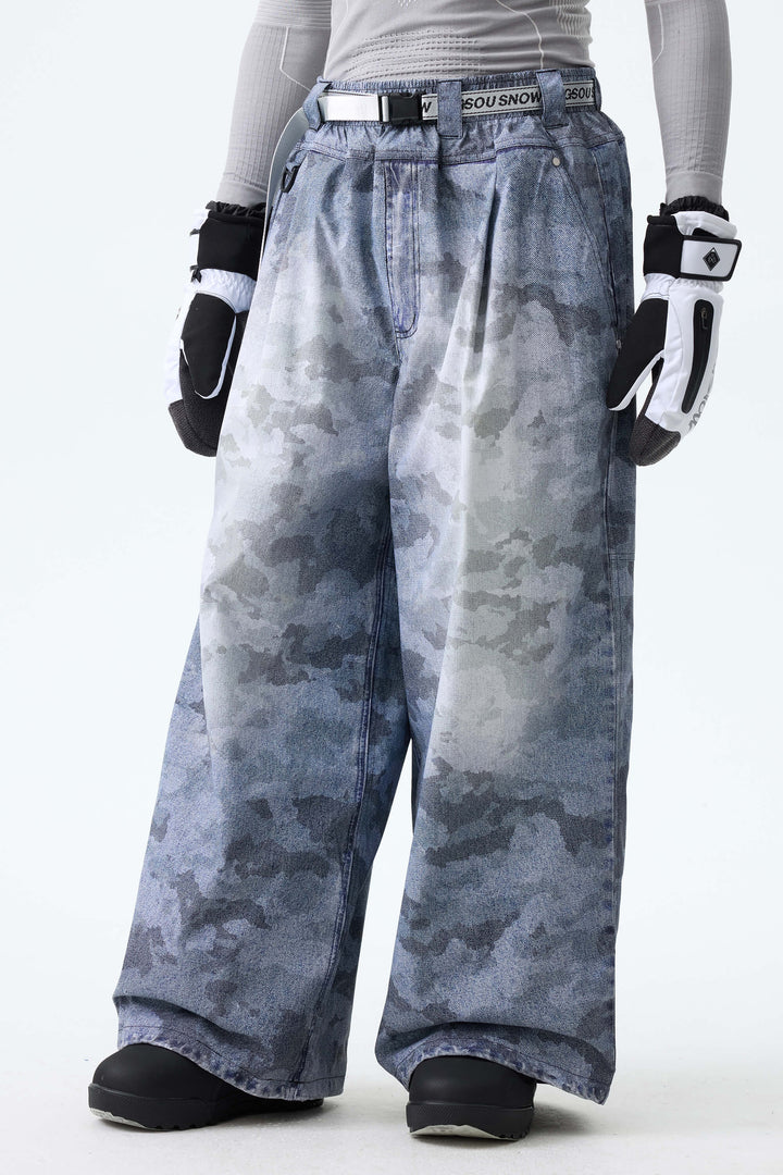 Men's Washed Blue Camo Vintage Denim-Print Baggy Snowboard Pants