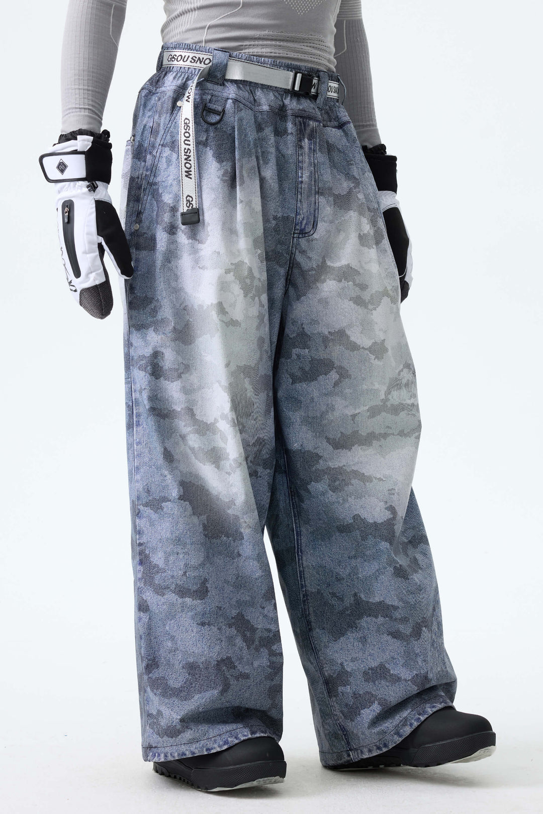 Men's Bleached Indigo Vintage Denim-Print Baggy Snowboard Pants
