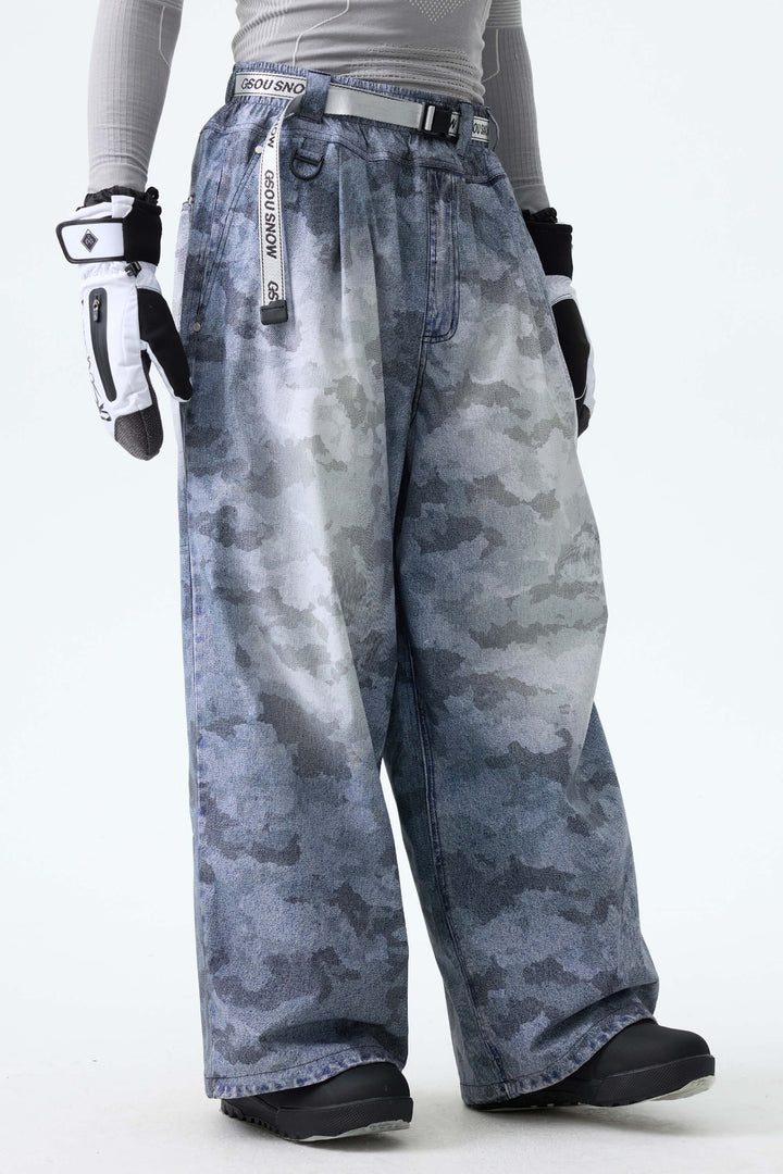 Men's Bleached Indigo Vintage Denim-Print Baggy Snowboard Pants
