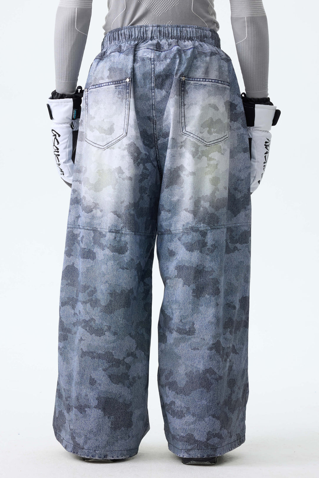 Men's Washed Blue Camo Vintage Denim-Print Baggy Snowboard Pants