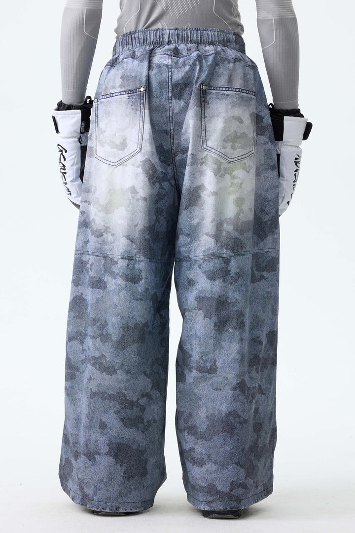 Men's Washed Blue Camo Vintage Denim-Print Baggy Snowboard Pants