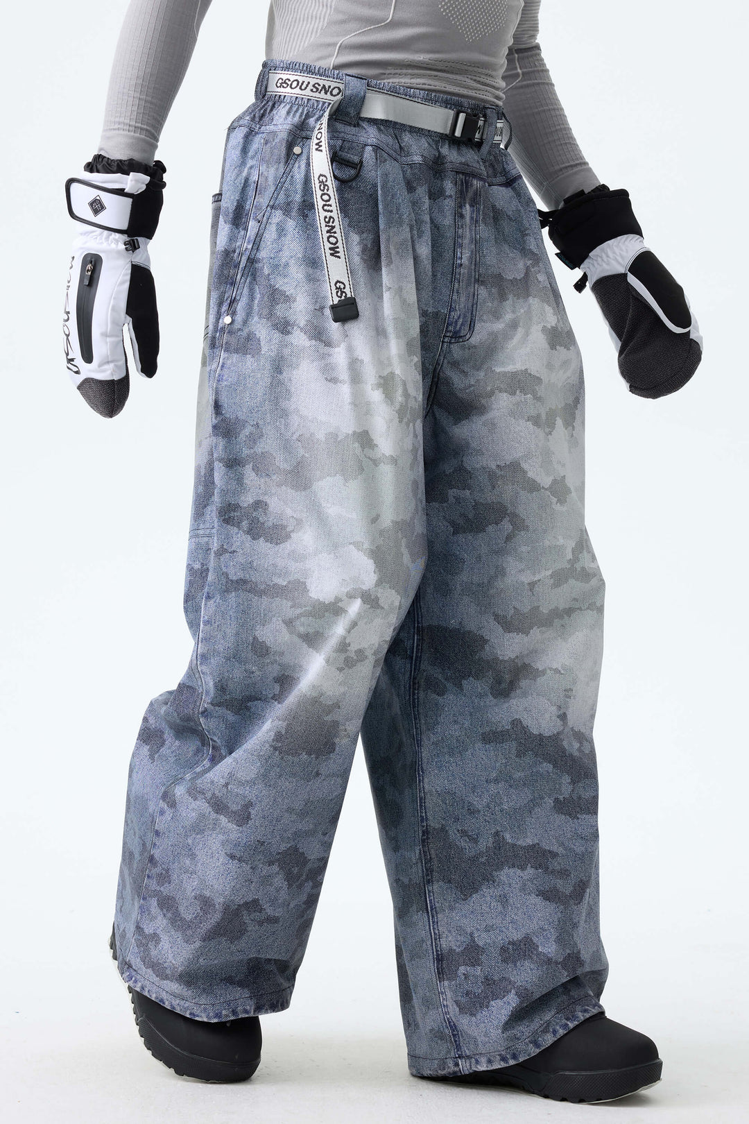 Men's Distressed Indigo Vintage Denim-Print Baggy Snowboard Pants