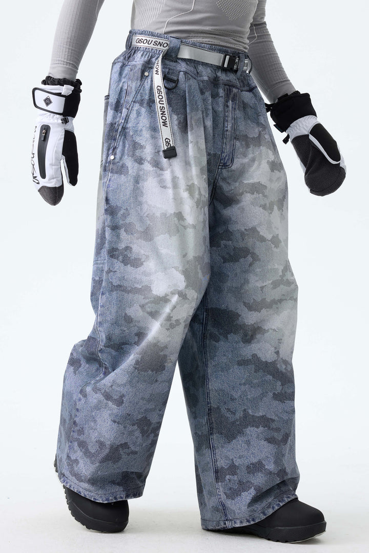Men's Distressed Indigo Vintage Denim-Print Baggy Snowboard Pants