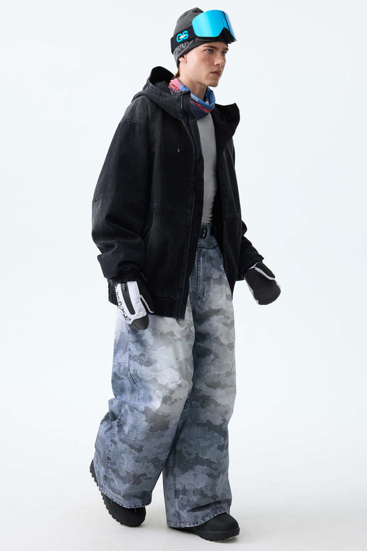 Men's Bleached Indigo Vintage Denim-Print Baggy Snowboard Pants