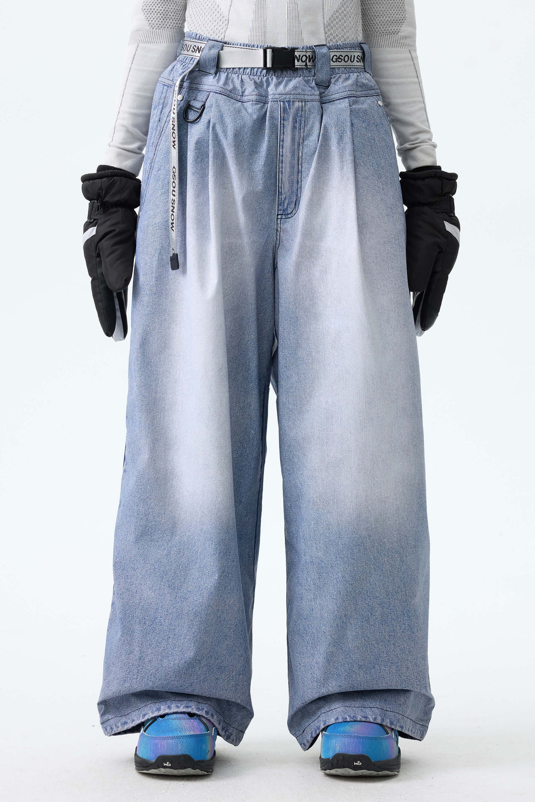 Women's Bleached Indigo Vintage Denim-Print Baggy Snowboard Pants