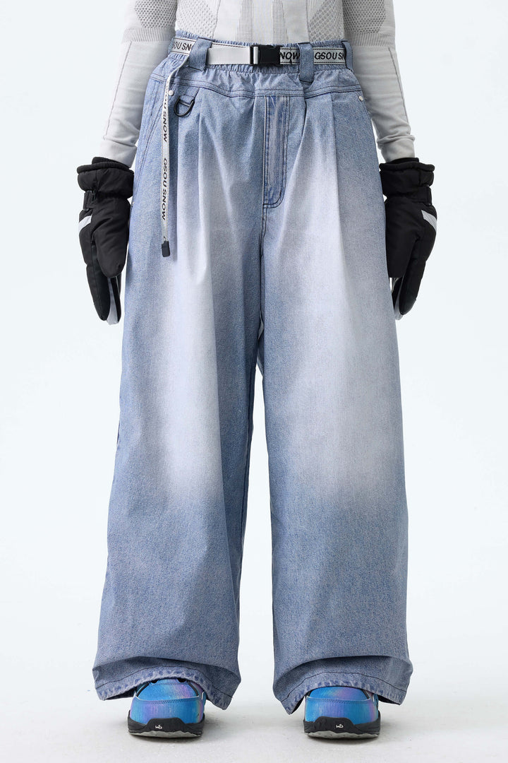Women's Bleached Indigo Vintage Denim-Print Baggy Snowboard Pants