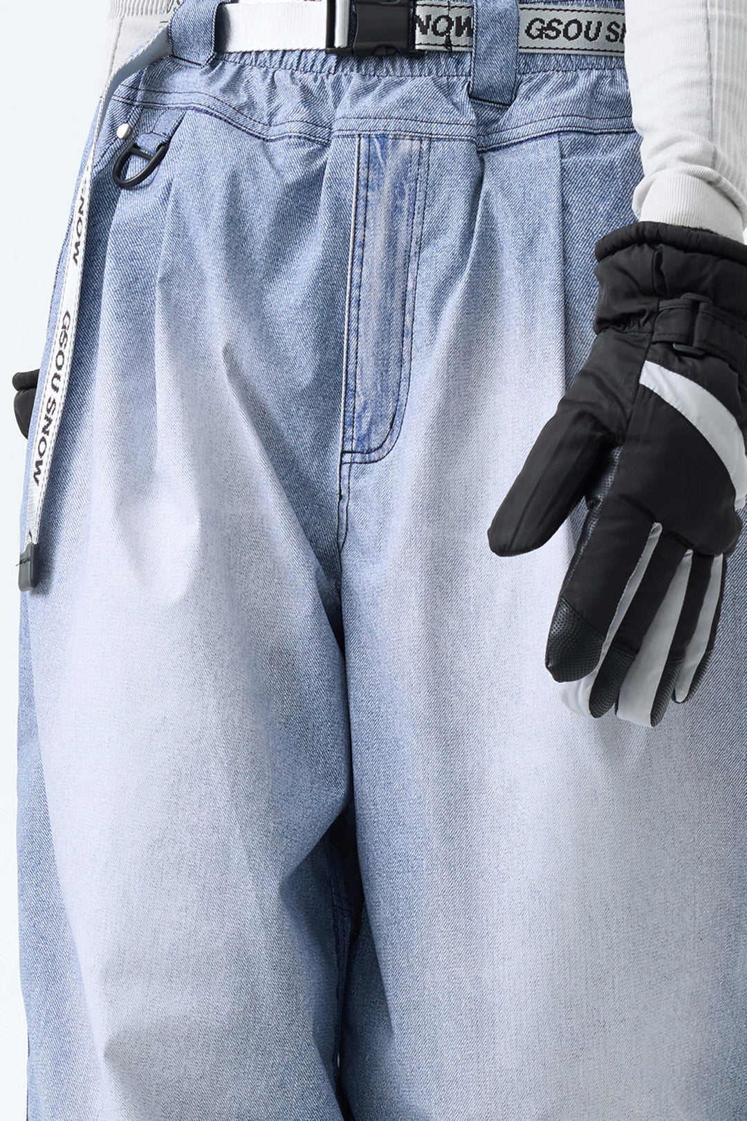 Women's Bleached Indigo Vintage Denim-Print Baggy Snowboard Pants