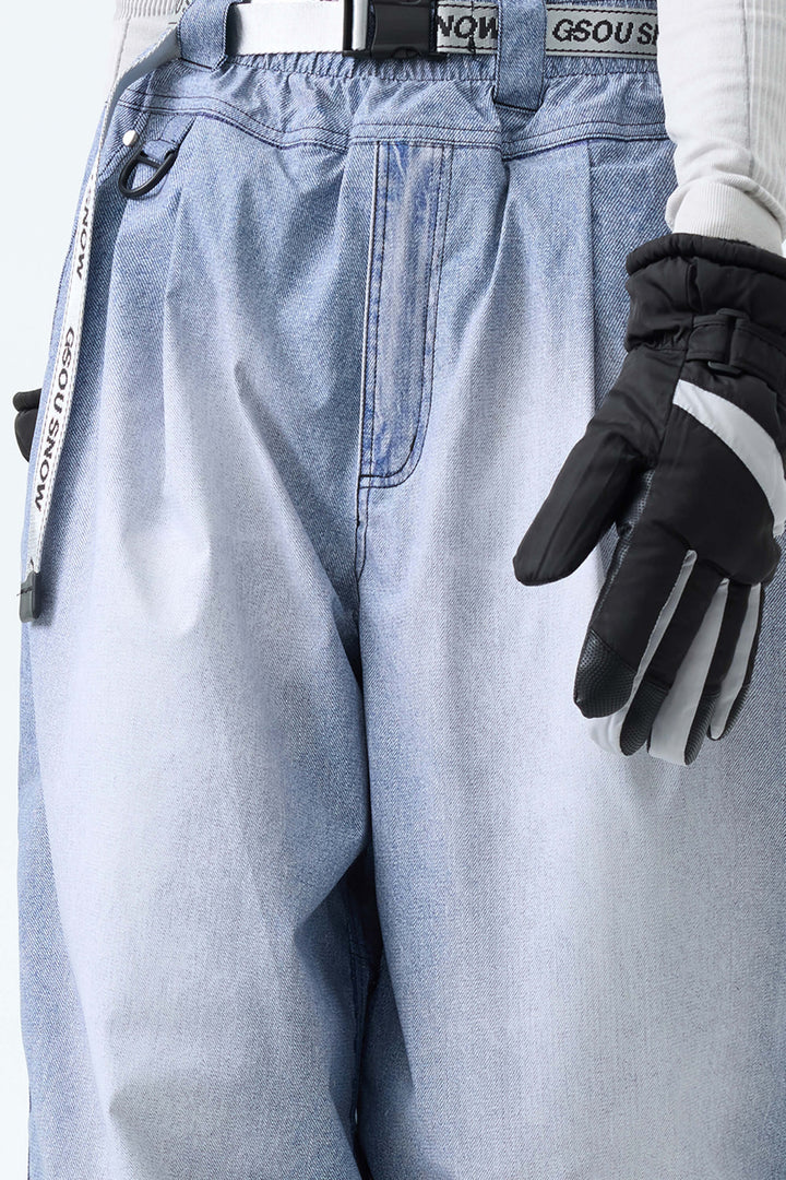 Women's Bleached Indigo Vintage Denim-Print Baggy Snowboard Pants