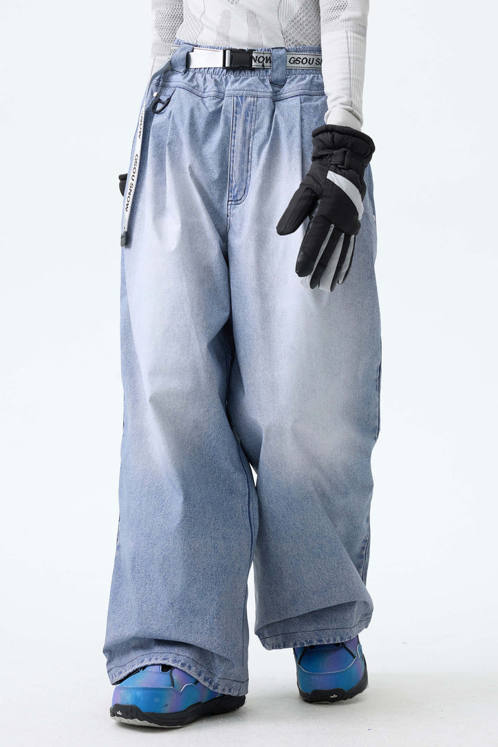 Women's Bleached Indigo Vintage Denim-Print Baggy Snowboard Pants