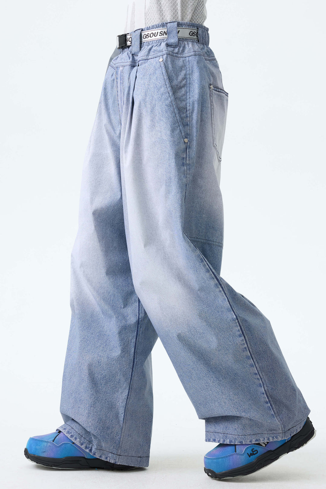 Women's Bleached Indigo Vintage Denim-Print Baggy Snowboard Pants