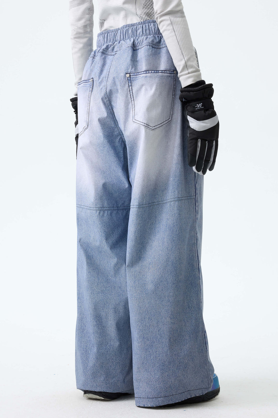 Women's Bleached Indigo Vintage Denim-Print Baggy Snowboard Pants