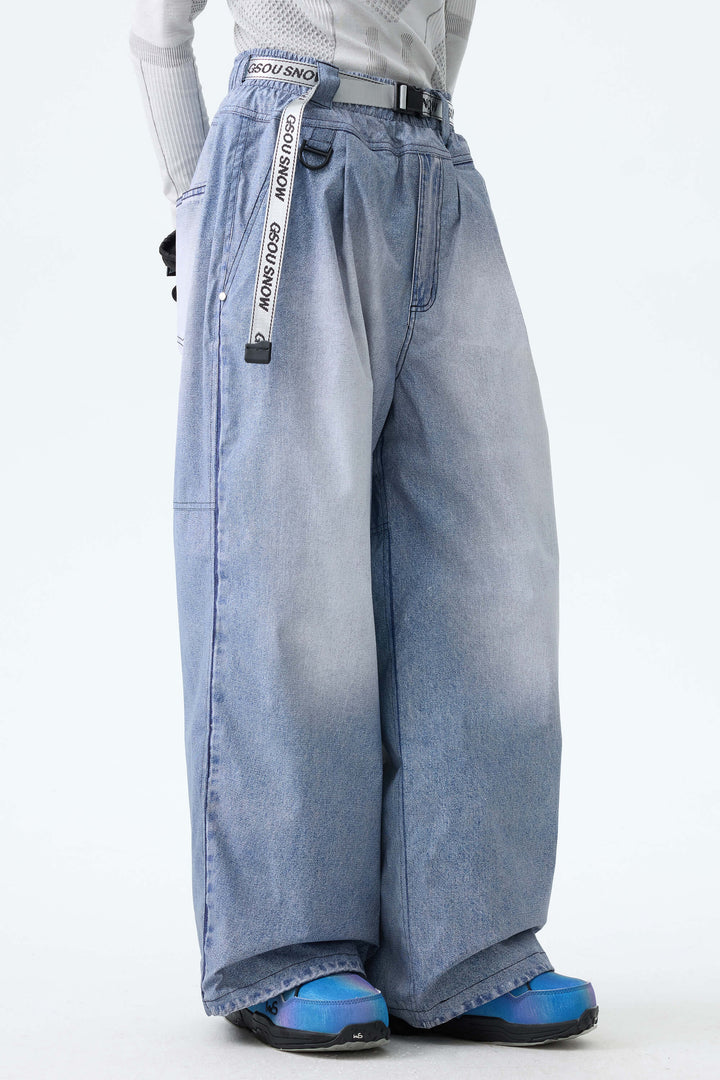 Women's Bleached Indigo Vintage Denim-Print Baggy Snowboard Pants