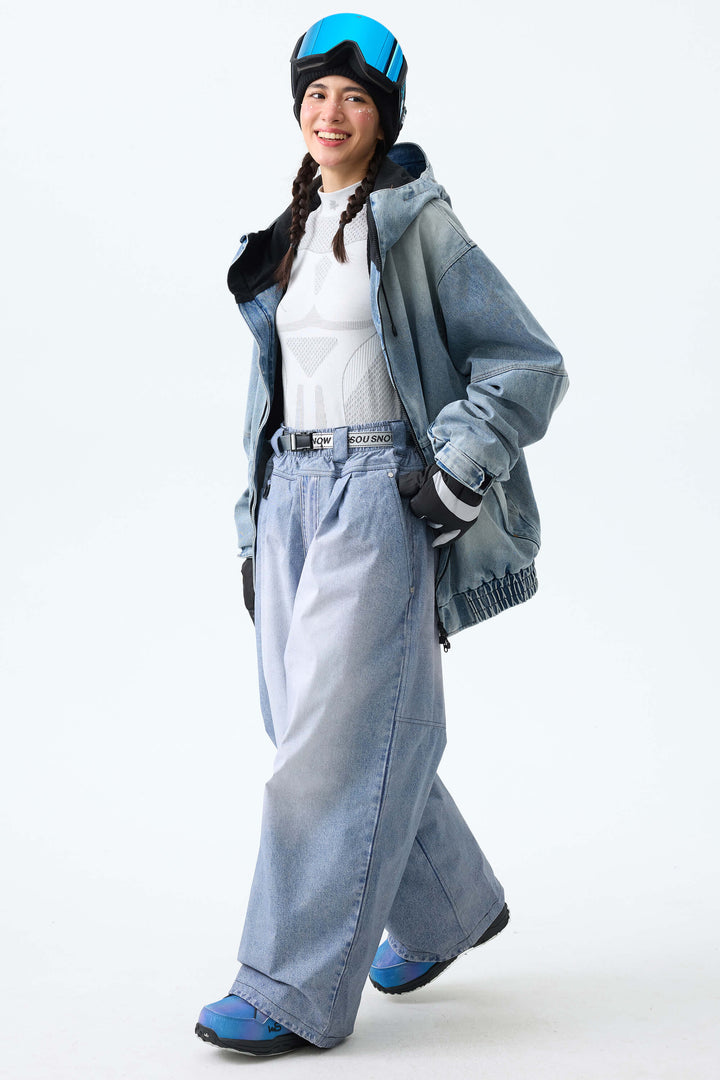 Women's Bleached Indigo Vintage Denim-Print Baggy Snowboard Pants