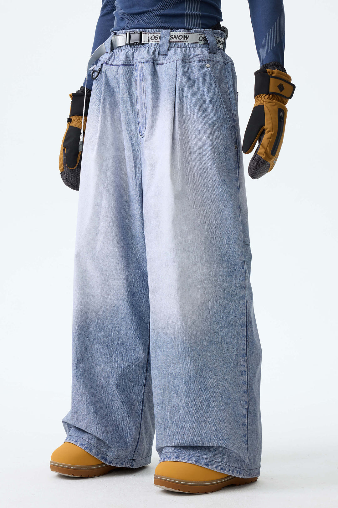 Men's Bleached Indigo Vintage Denim-Print Baggy Snowboard Pants