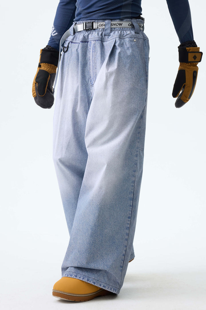 Men's Bleached Indigo Vintage Denim-Print Baggy Snowboard Pants