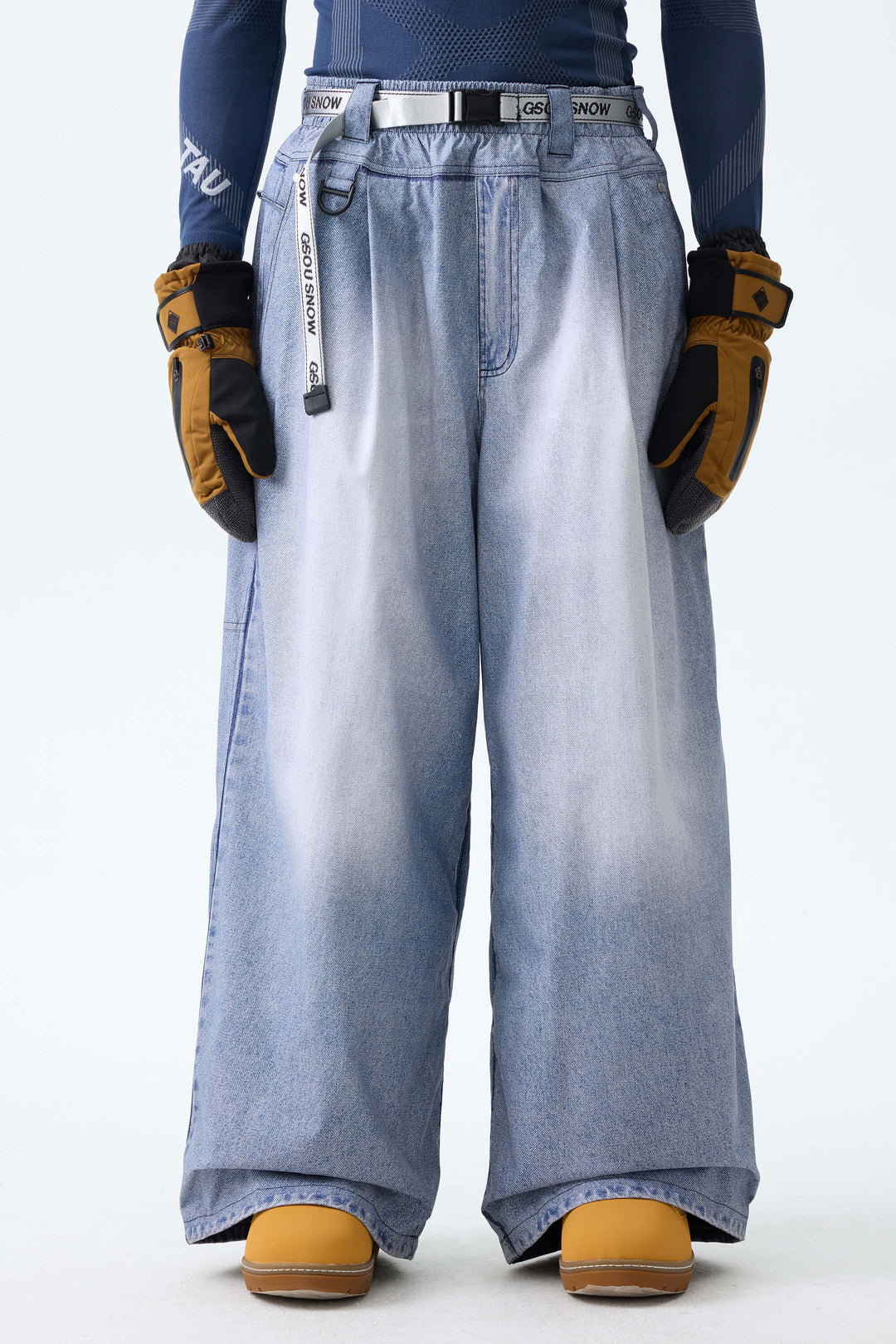 Men's Bleached Indigo Vintage Denim-Print Baggy Snowboard Pants