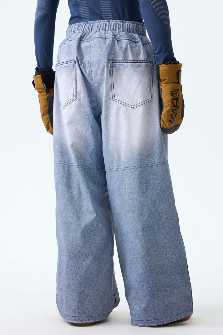Men's Bleached Indigo Vintage Denim-Print Baggy Snowboard Pants