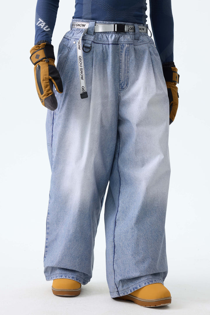 Men's Bleached Indigo Vintage Denim-Print Baggy Snowboard Pants