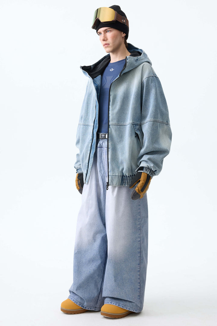 Men's Bleached Indigo Vintage Denim-Print Baggy Snowboard Pants