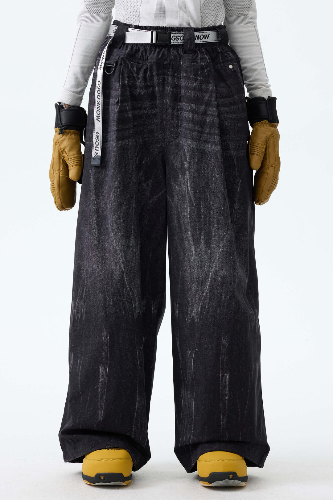 Women's Bleached Indigo Vintage Denim-Print Baggy Snowboard Pants