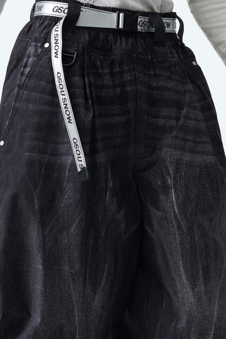 Women's Distressed Black Vintage Denim-Print Baggy Snowboard Pants