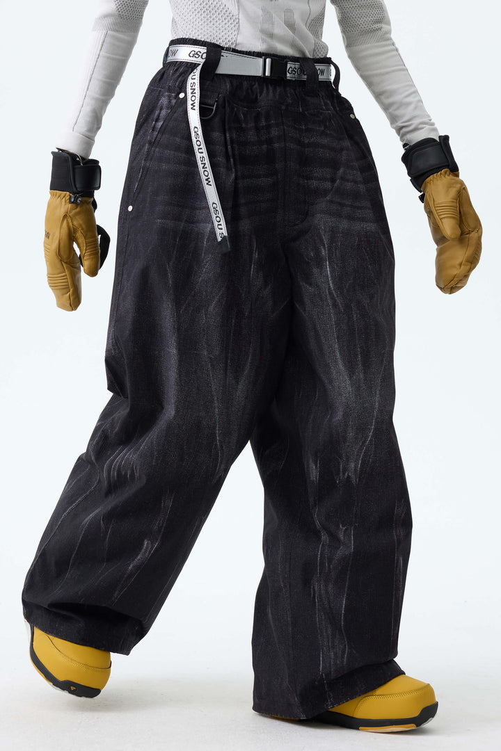 Women's Distressed Black Vintage Denim-Print Baggy Snowboard Pants