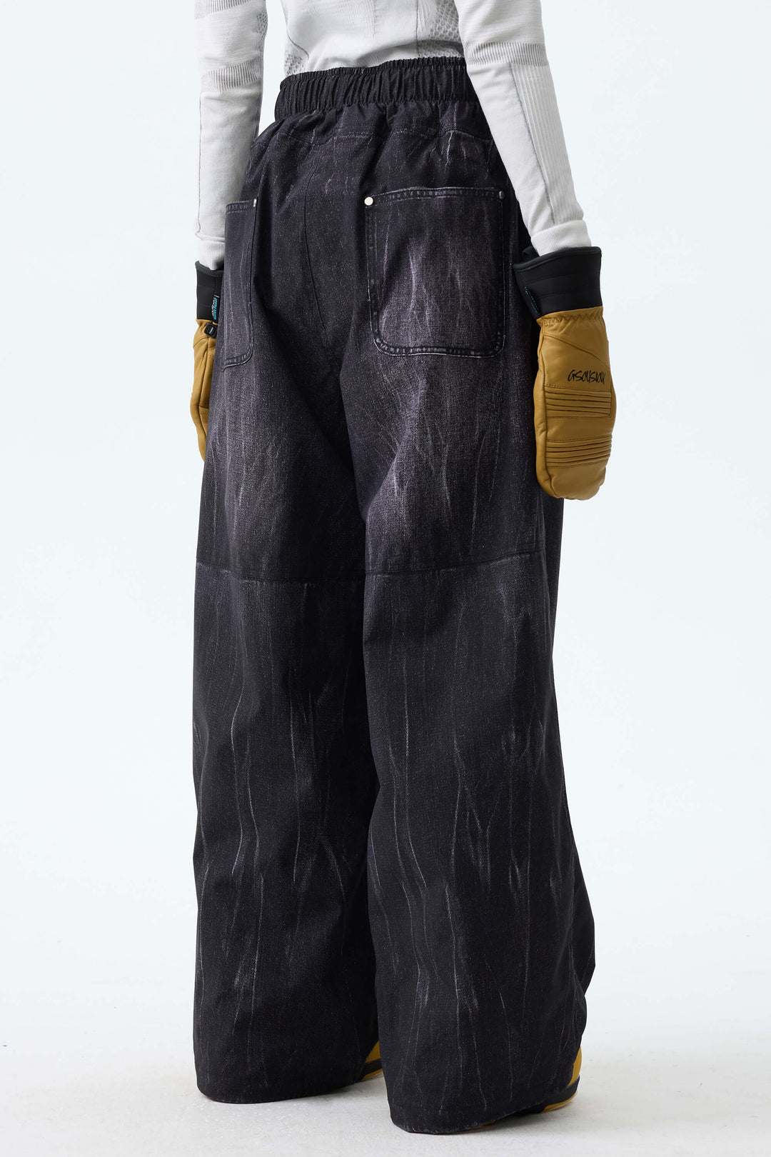 Women's Distressed Black Vintage Denim-Print Baggy Snowboard Pants