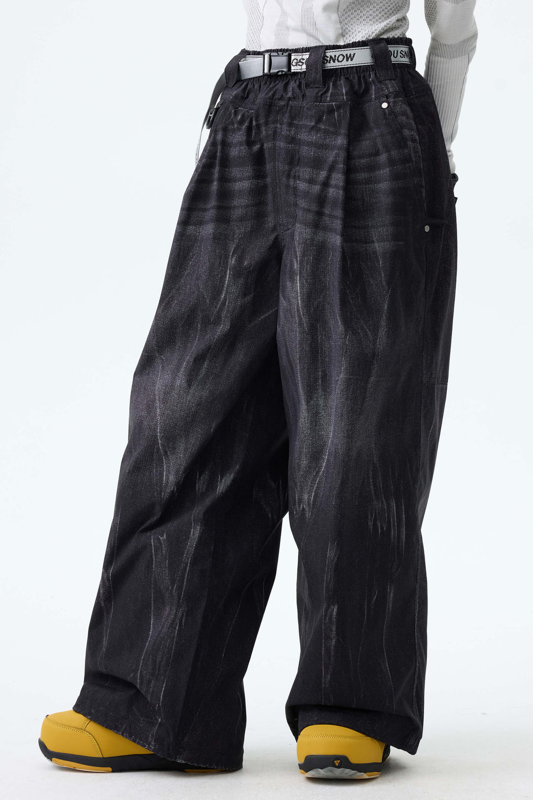 Women's Bleached Indigo Vintage Denim-Print Baggy Snowboard Pants
