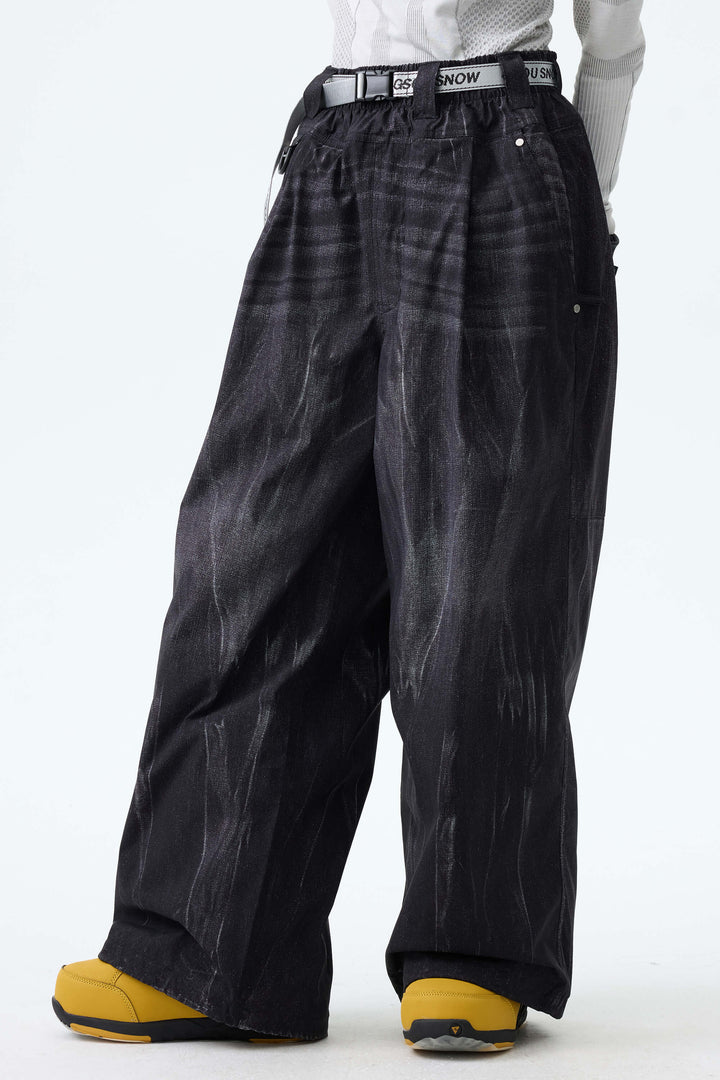 Women's Bleached Indigo Vintage Denim-Print Baggy Snowboard Pants