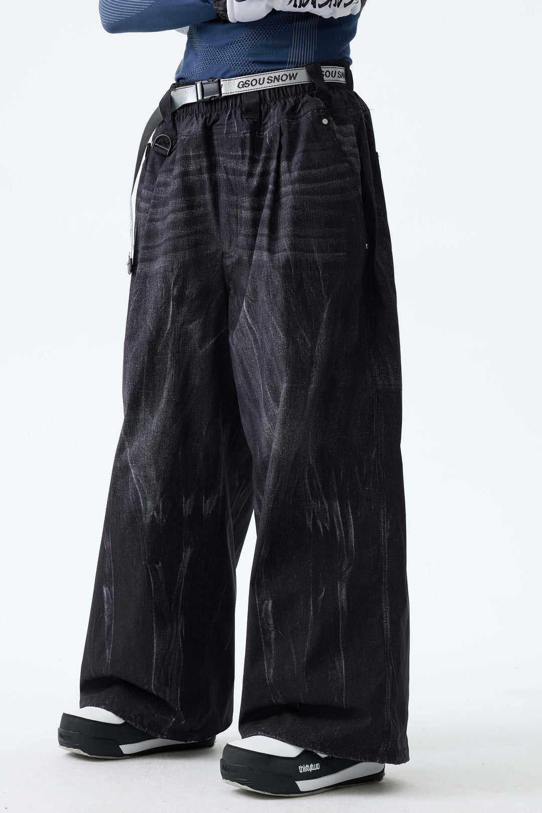 Men's Bleached Indigo Vintage Denim-Print Baggy Snowboard Pants