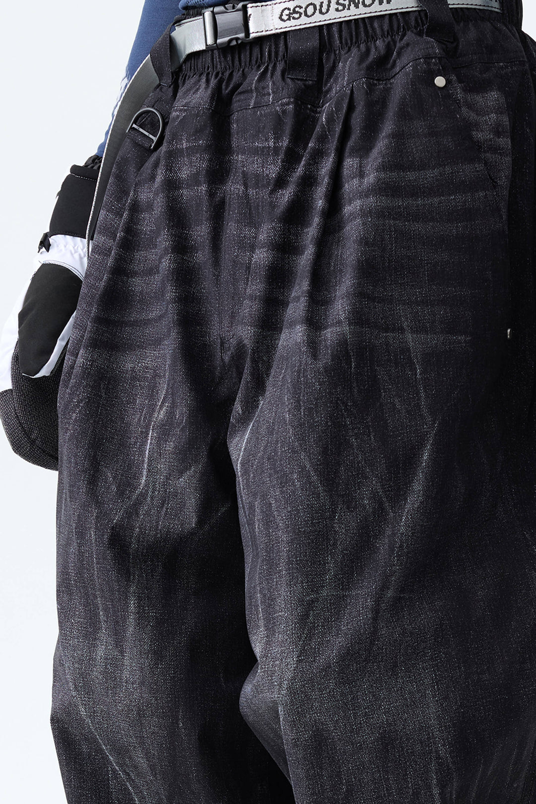 Men's Distressed Black Vintage Denim-Print Baggy Snowboard Pants