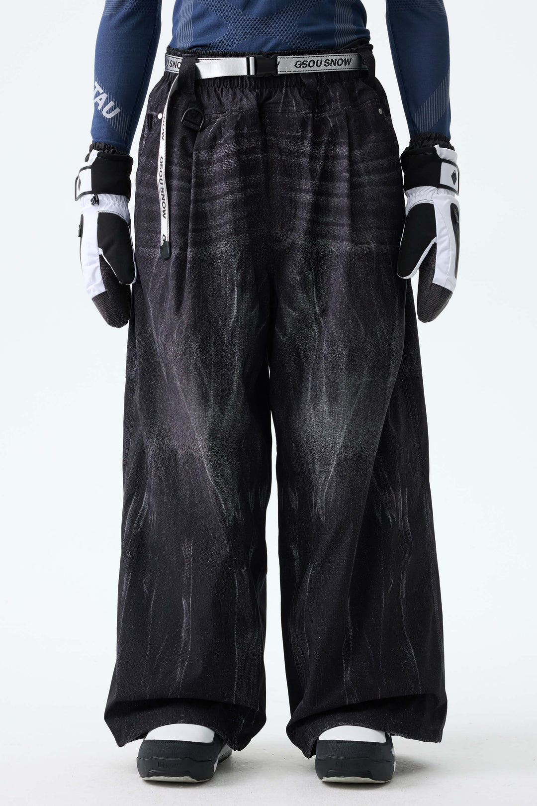 Men's Distressed Black Vintage Denim-Print Baggy Snowboard Pants