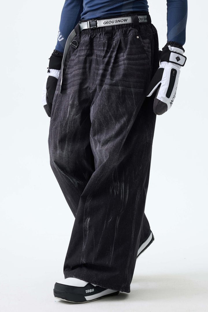 Men's Bleached Indigo Vintage Denim-Print Baggy Snowboard Pants