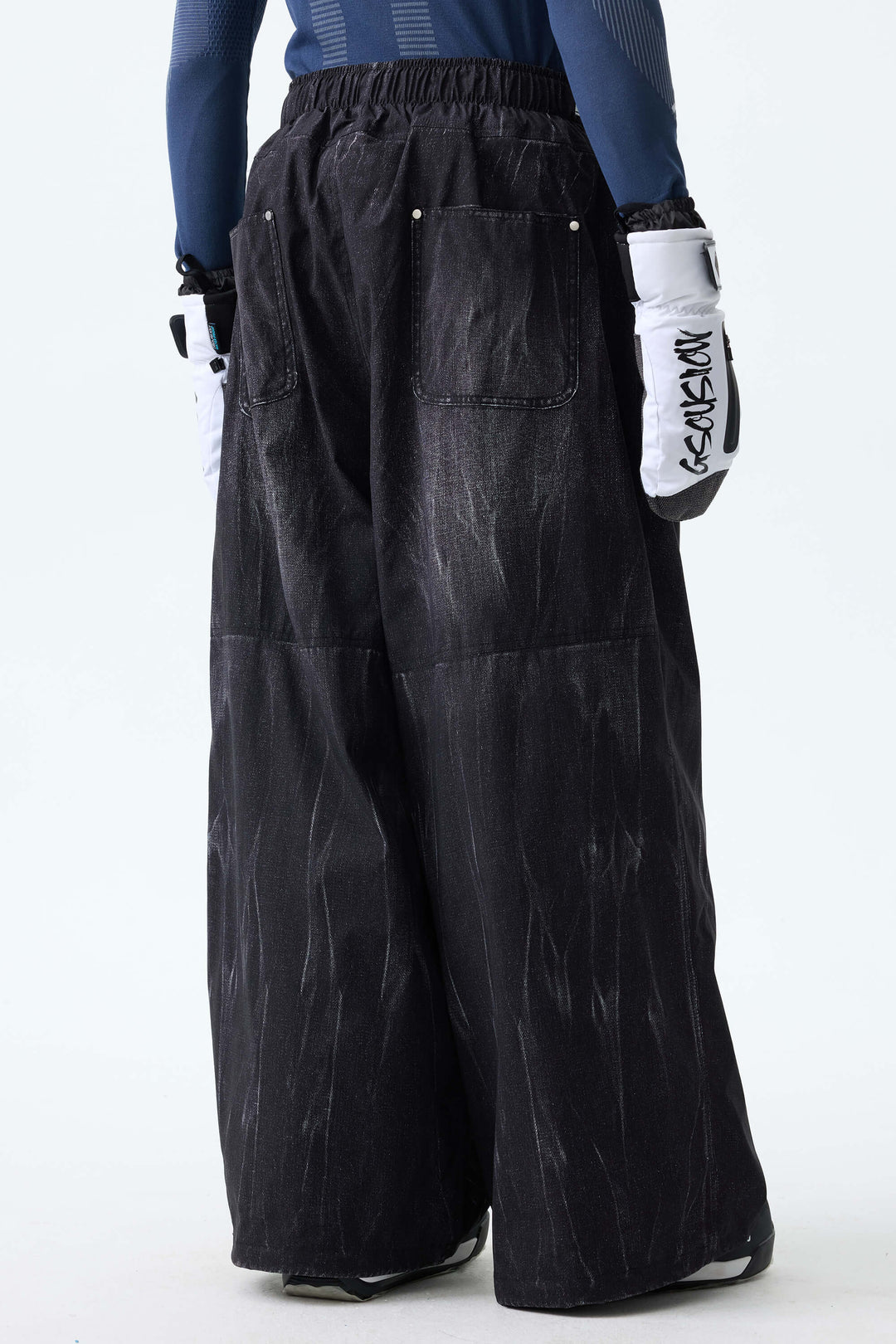 Men's Bleached Indigo Vintage Denim-Print Baggy Snowboard Pants