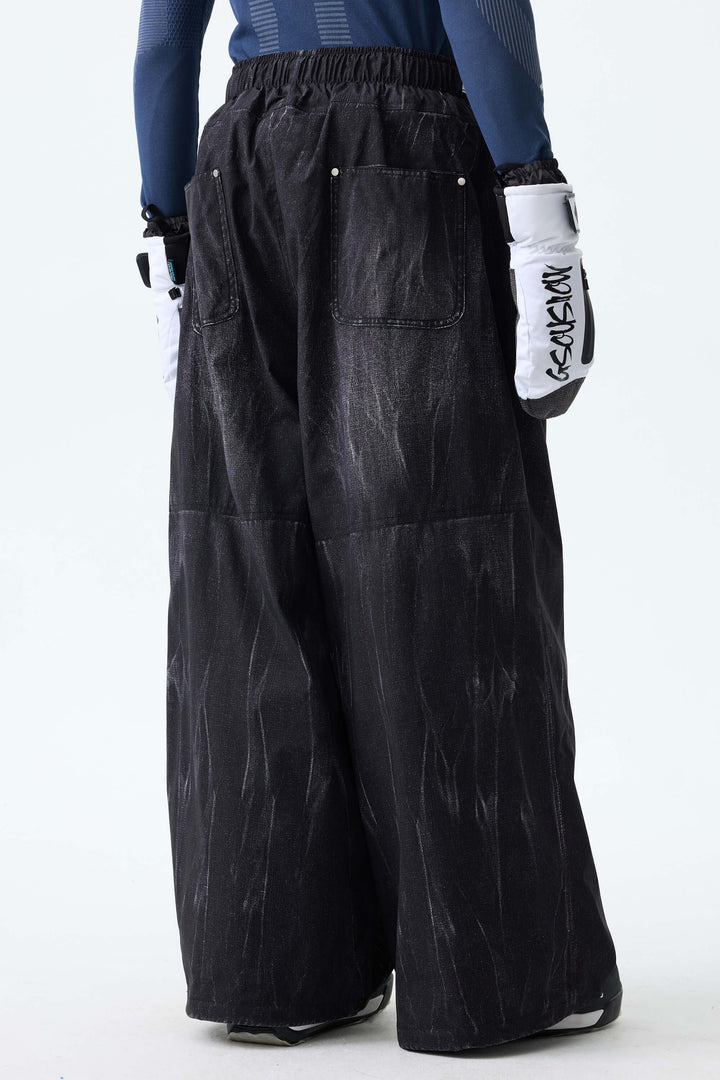 Men's Bleached Indigo Vintage Denim-Print Baggy Snowboard Pants