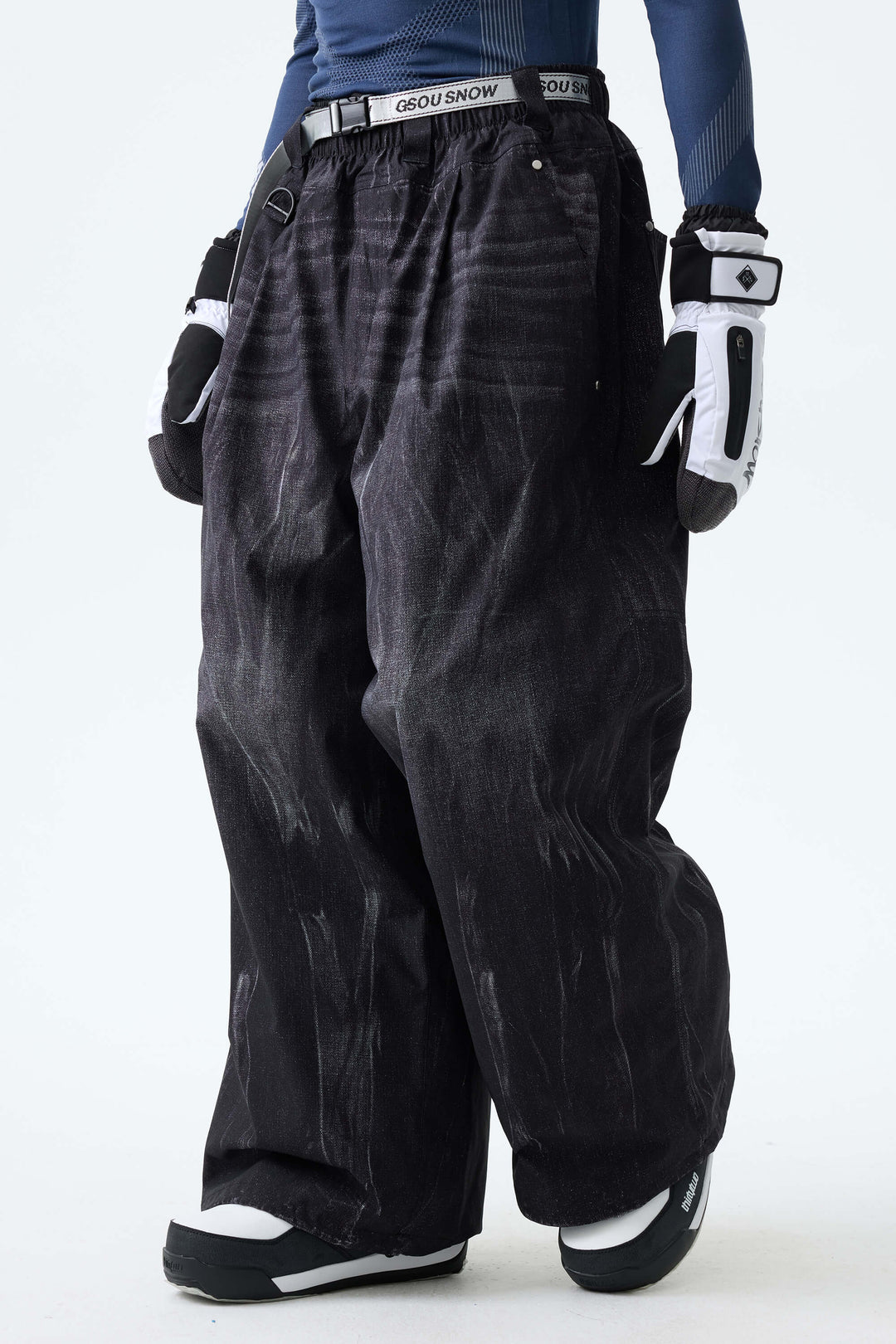 Men's Distressed Black Vintage Denim-Print Baggy Snowboard Pants