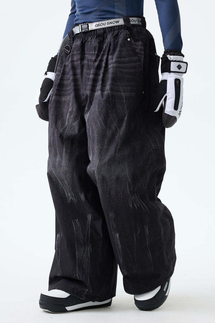 Men's Distressed Black Vintage Denim-Print Baggy Snowboard Pants