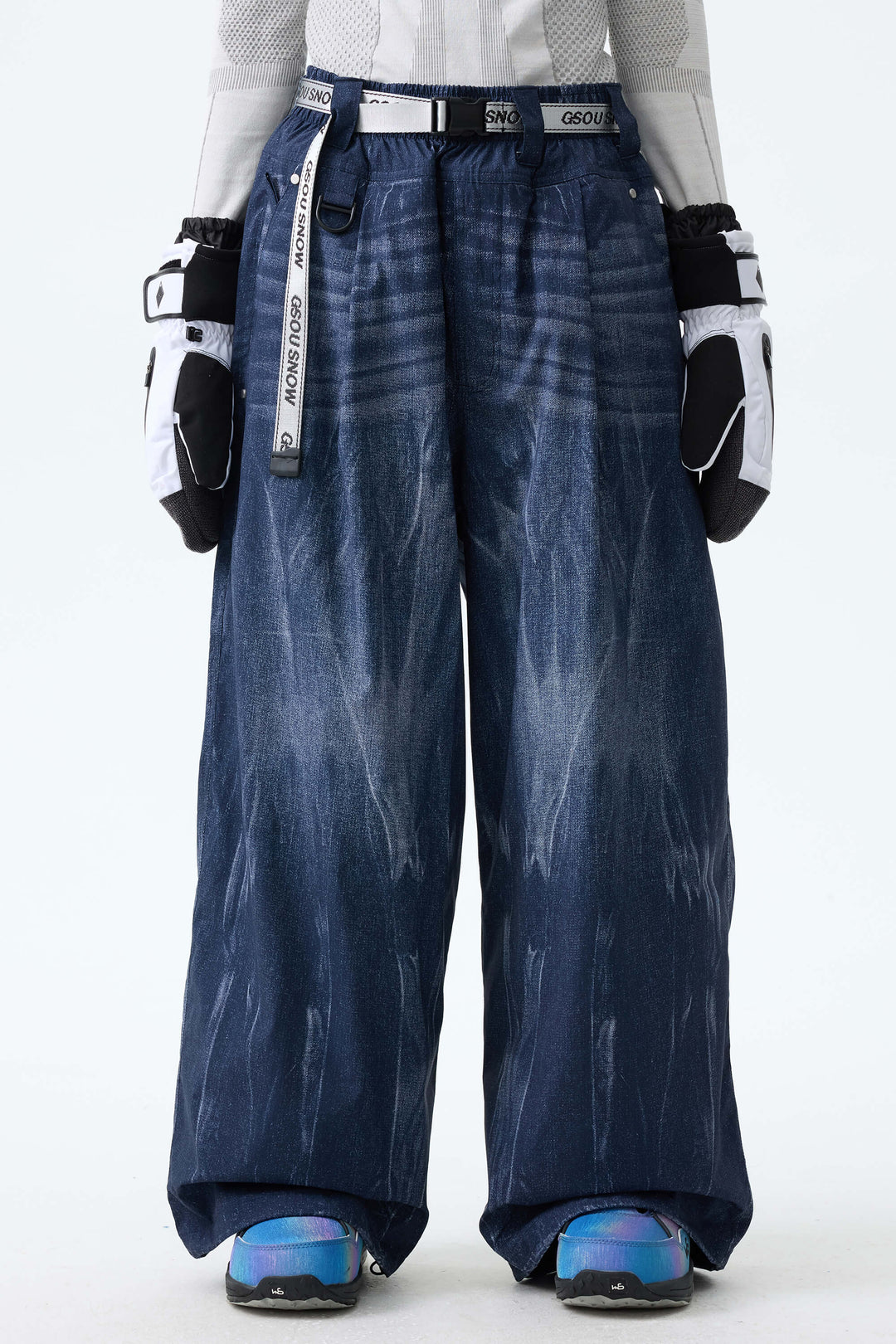 Women's Bleached Indigo Vintage Denim-Print Baggy Snowboard Pants