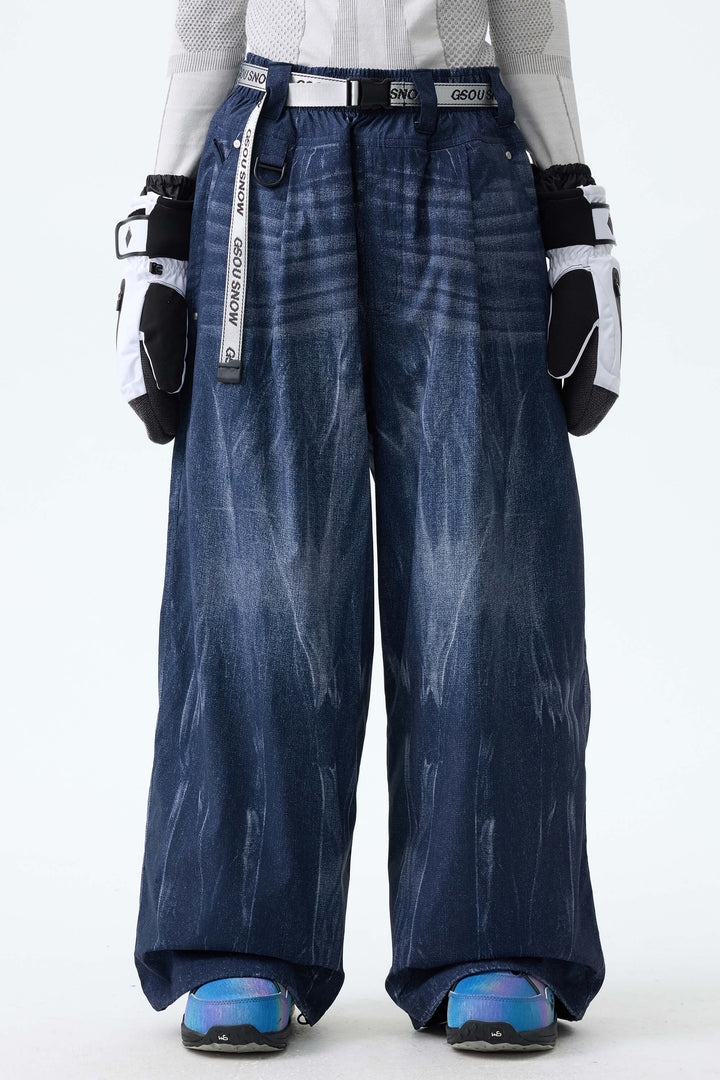 Women's Bleached Indigo Vintage Denim-Print Baggy Snowboard Pants