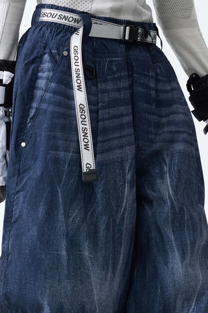 Women's Distressed Indigo Vintage Denim-Print Baggy Snowboard Pants