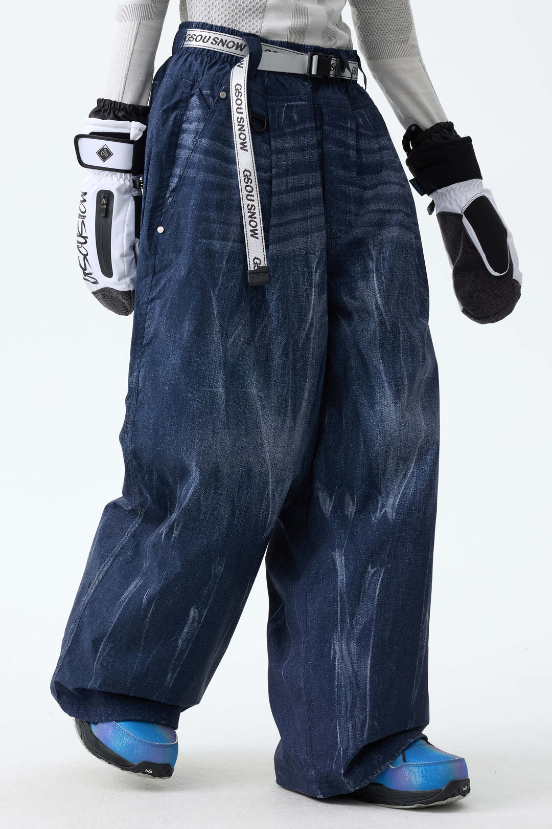 Women's Bleached Indigo Vintage Denim-Print Baggy Snowboard Pants