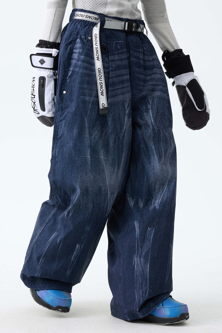 Women's Bleached Indigo Vintage Denim-Print Baggy Snowboard Pants