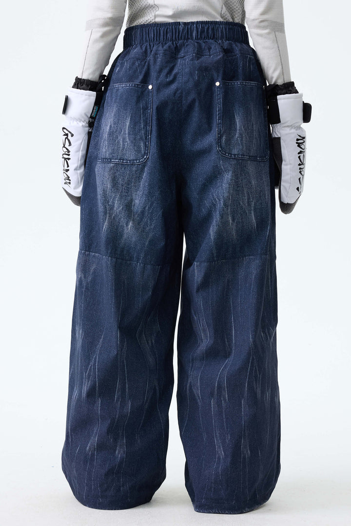 Women's Distressed Indigo Vintage Denim-Print Baggy Snowboard Pants